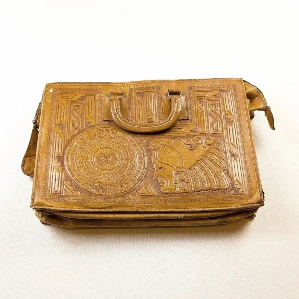 Vintage 1960s Mexican Hand Tooled Leather Briefcase Handbag Aztec